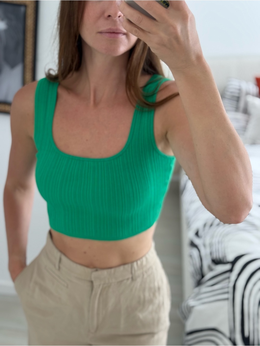 H&M Green Ribbed Square-Neck Crop Tank